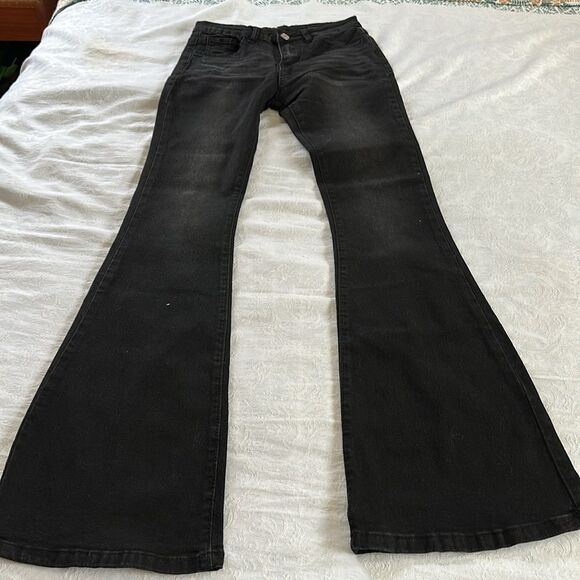 Black Denim Bellbottom Jeans Stretch Size 4 Small Factory Faded - Picture 7 of 11